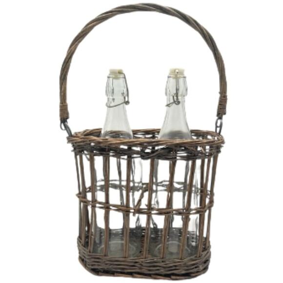 BOHO VINTAGE Two Swing Top Bottles in Wicker Carrier - Picture 1 of 14